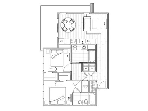 architectural plan of an apartment unit with furniture in vector graphics at Lotus Gallacher luxury apartments for rent in Salt Lake City, UT